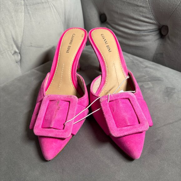 Gianni Bini Pink Suede Pointed Toe Buckle Heeled Mules – Women’s 6.5 - Picture 2 of 8